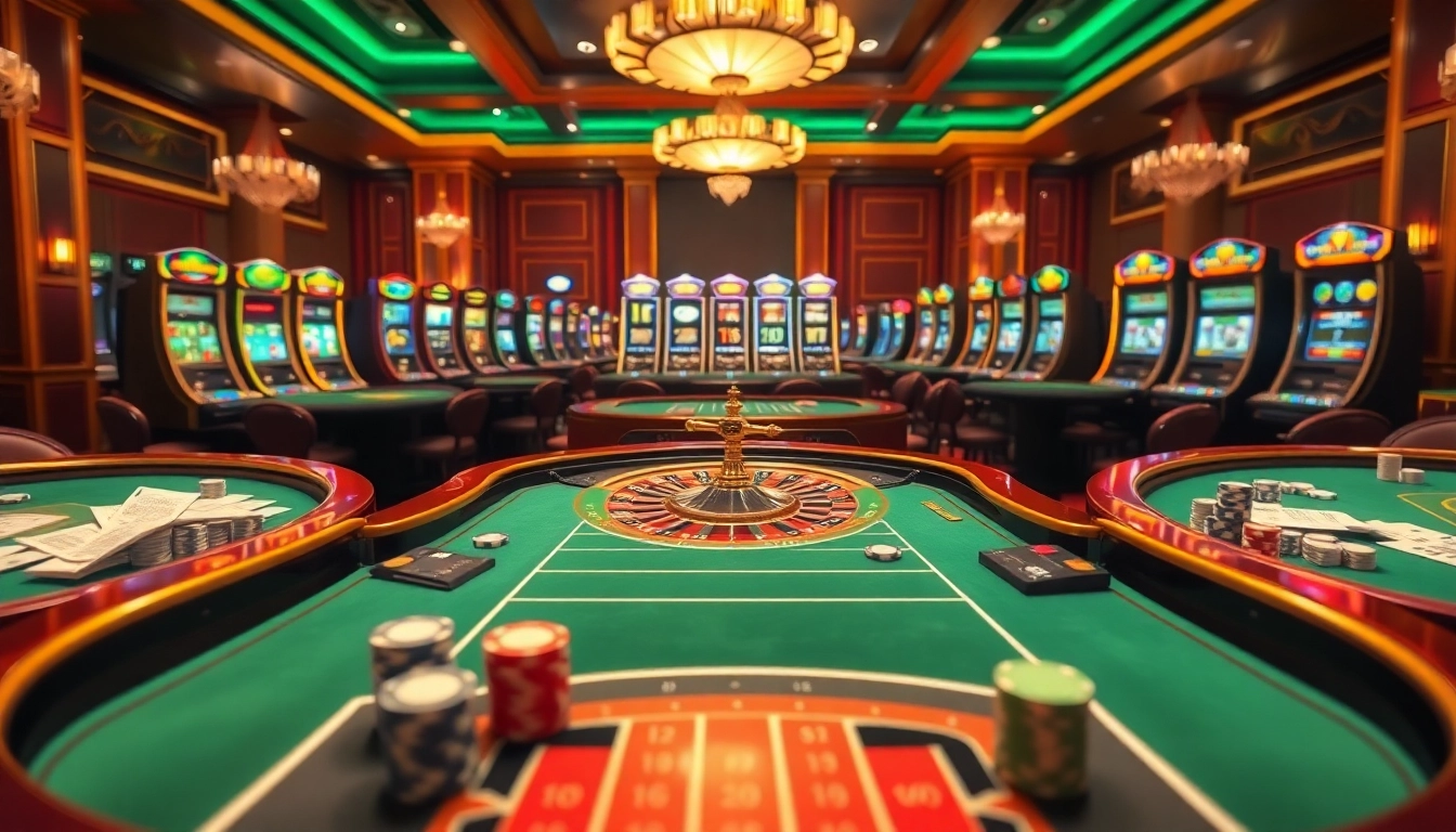 Exciting gambling action at a luxurious casino featuring roulette, poker, and slot machines showcasing Link 789K.