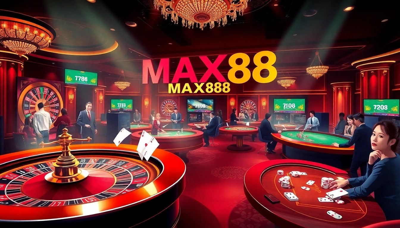 Experience the excitement of MAX88 casino with vibrant roulette, poker, and gaming elements.