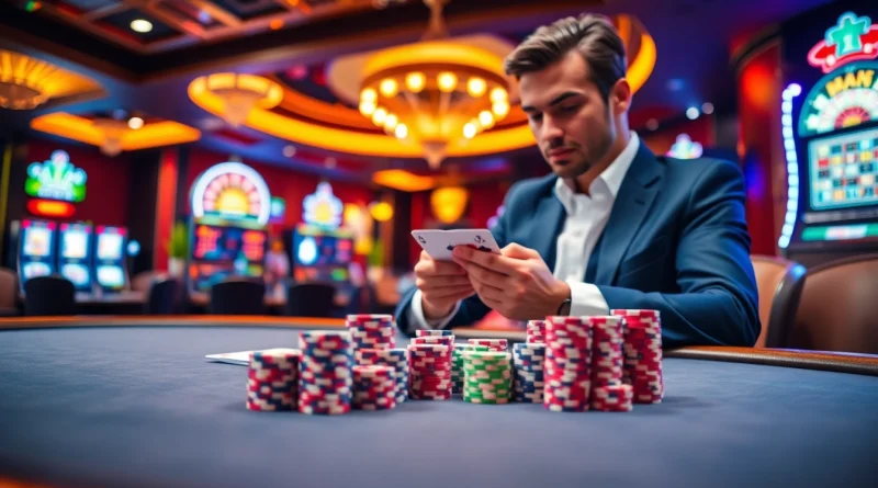 A gambler at a high-stakes poker table showcasing gameplay dynamics at https://777vip.dev/.