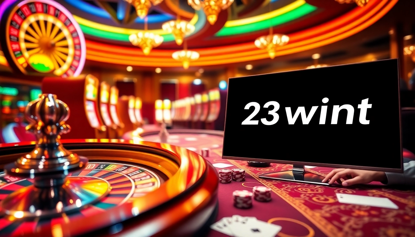 An exciting gambling scene at 23win1.it.com featuring roulette, slot machines, and card games.