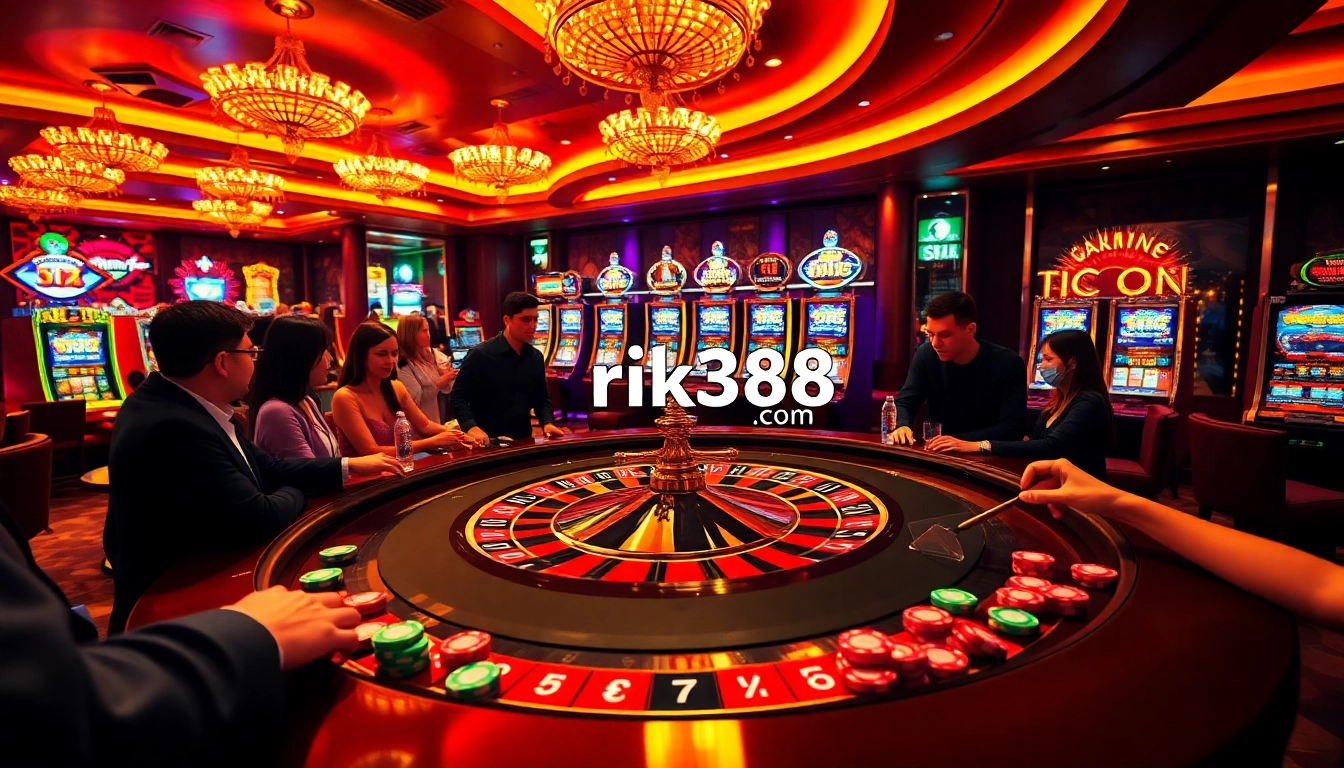 Players enjoying high-stakes gambling at rikvip368.com casino tables with vibrant atmosphere.