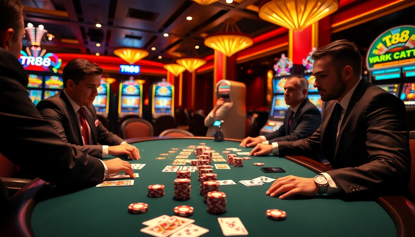 Engage in high-stakes poker with tr88 at an elegant casino, featuring vibrant tables and sophisticated players.