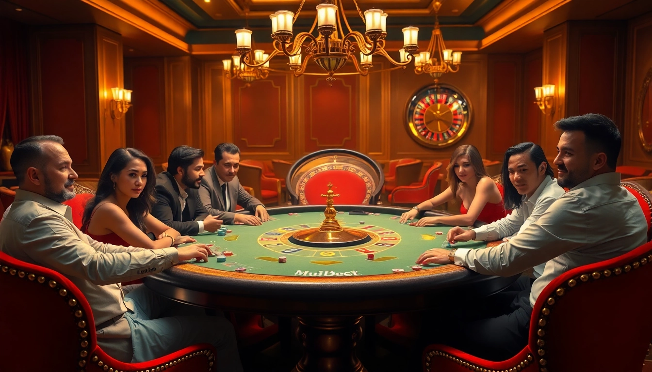 Mubet poker table action with players, chips, and roulette wheel in a luxurious casino atmosphere.