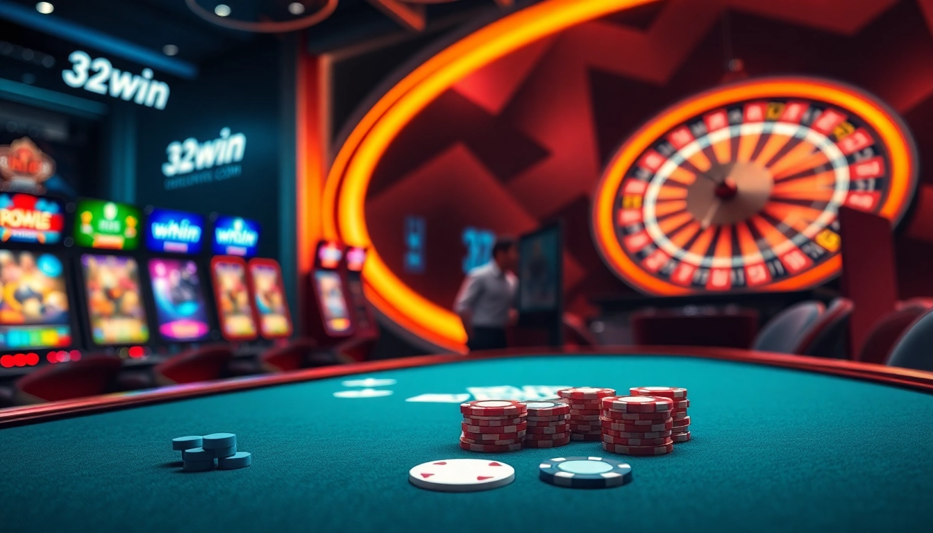 Engaging online gambling scene featuring 32win.com casino tables, poker chips, and vibrant slot machines.