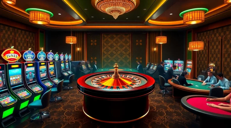 Engaging scene of gamblers enjoying various games at nhà cái FIVE88's luxurious casino setting, showcasing excitement and strategy.