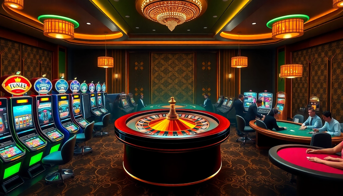 Engaging scene of gamblers enjoying various games at nhà cái FIVE88's luxurious casino setting, showcasing excitement and strategy.
