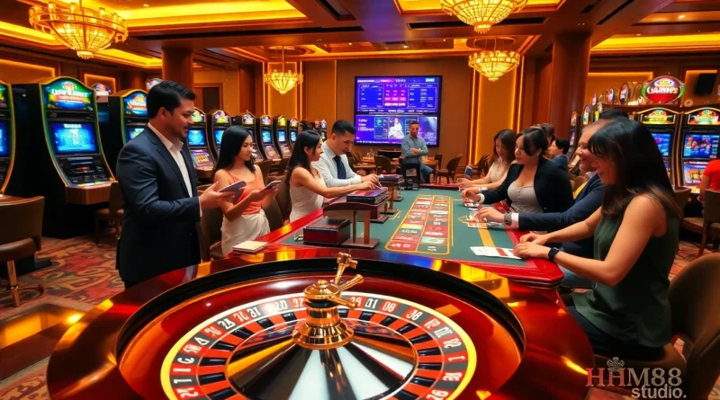 Engage with the excitement of https://hm88.studio/ in a vibrant casino scene of roulette and players.