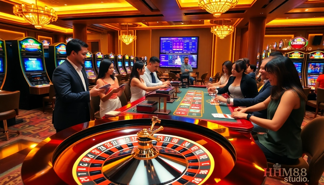 Engage with the excitement of https://hm88.studio/ in a vibrant casino scene of roulette and players.