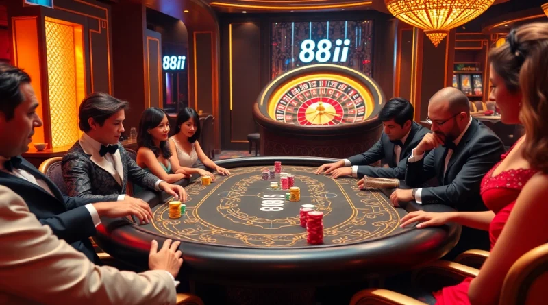 Players strategize at a luxurious poker table in a casino with '88i' digital betting interface.