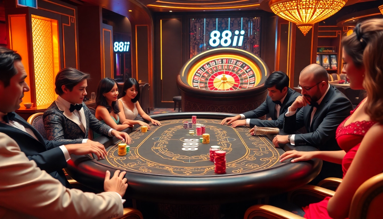 Players strategize at a luxurious poker table in a casino with '88i' digital betting interface.