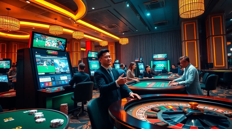 Kèo Bóng Đá betting atmosphere featuring enthusiastic gamblers at a luxurious casino.
