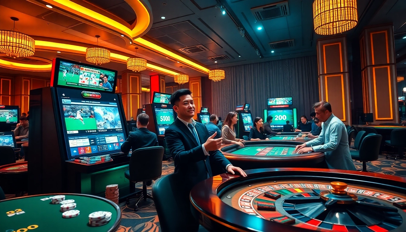 Kèo Bóng Đá betting atmosphere featuring enthusiastic gamblers at a luxurious casino.