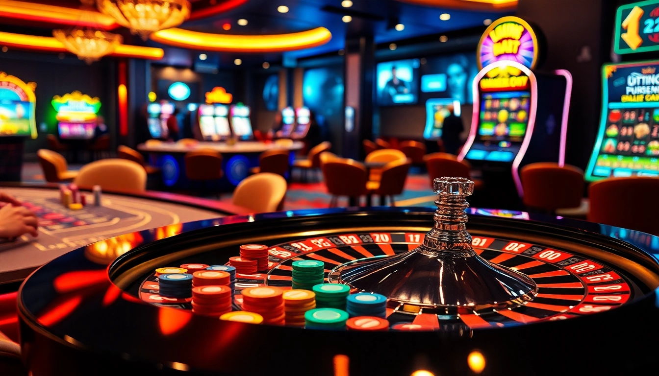 Experience the excitement of gambling with a vibrant casino scene at trang chủ zbet featuring a roulette table and poker action.