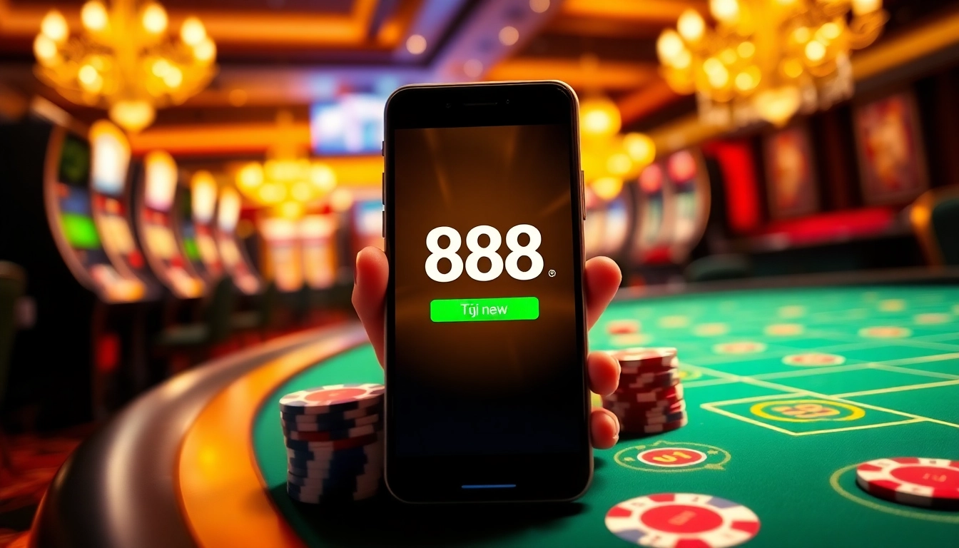 Tải App 888new on a smartphone in a vibrant casino scene, emphasizing an exciting gambling experience.