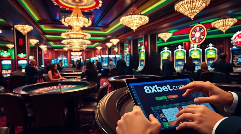 Experience the excitement of gambling at 8xbet.com with vibrant casino tables and engaged players.