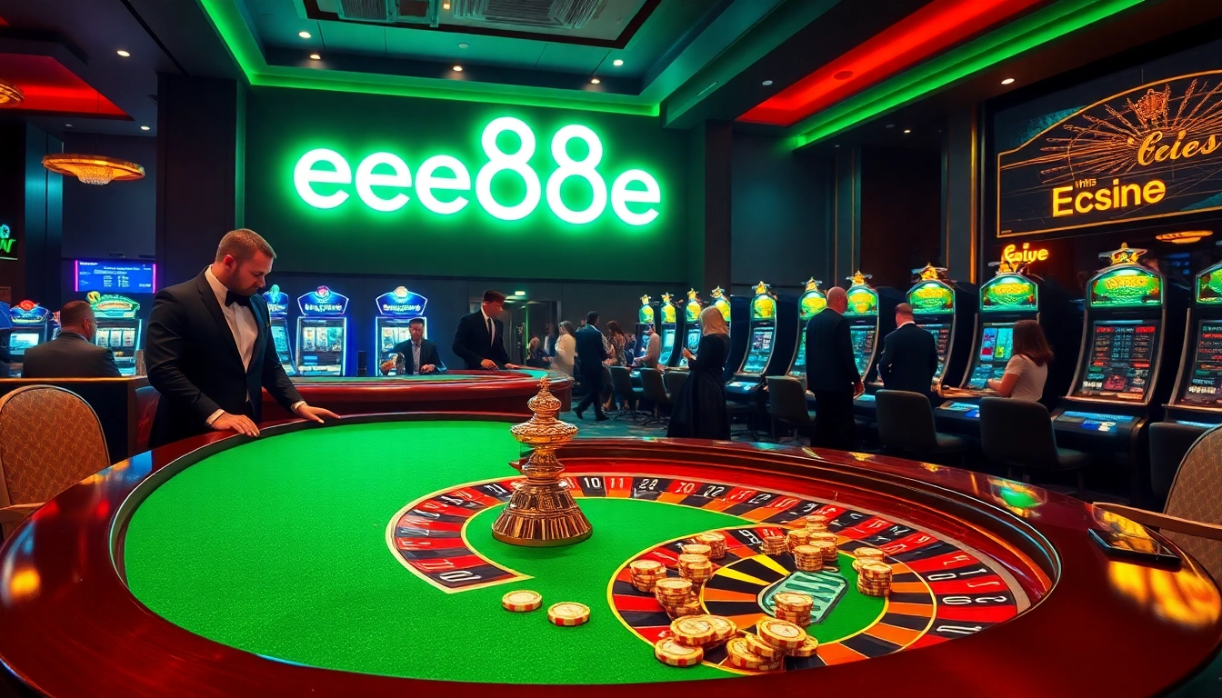 Experience the thrill of ee88e casino gameplay with luxurious tables and excited players betting.