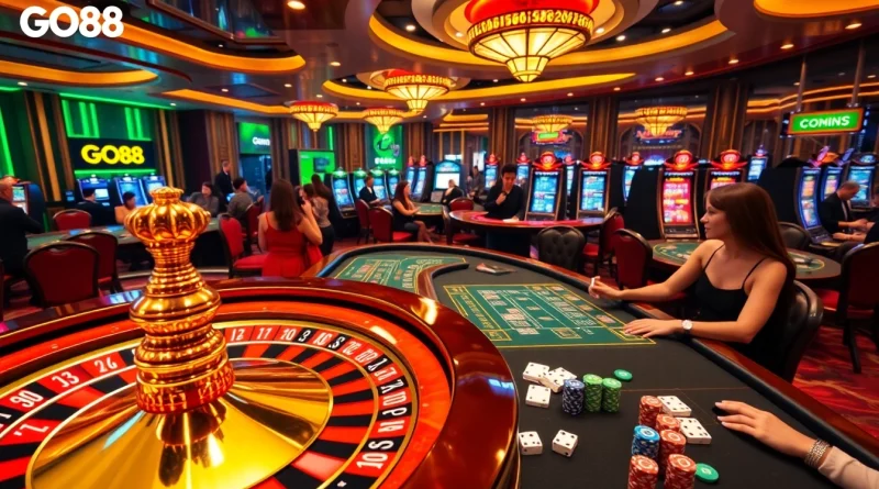 Players enjoying interactive gambling at a luxurious GO88-themed casino table.