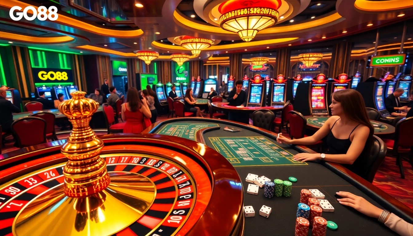 Players enjoying interactive gambling at a luxurious GO88-themed casino table.