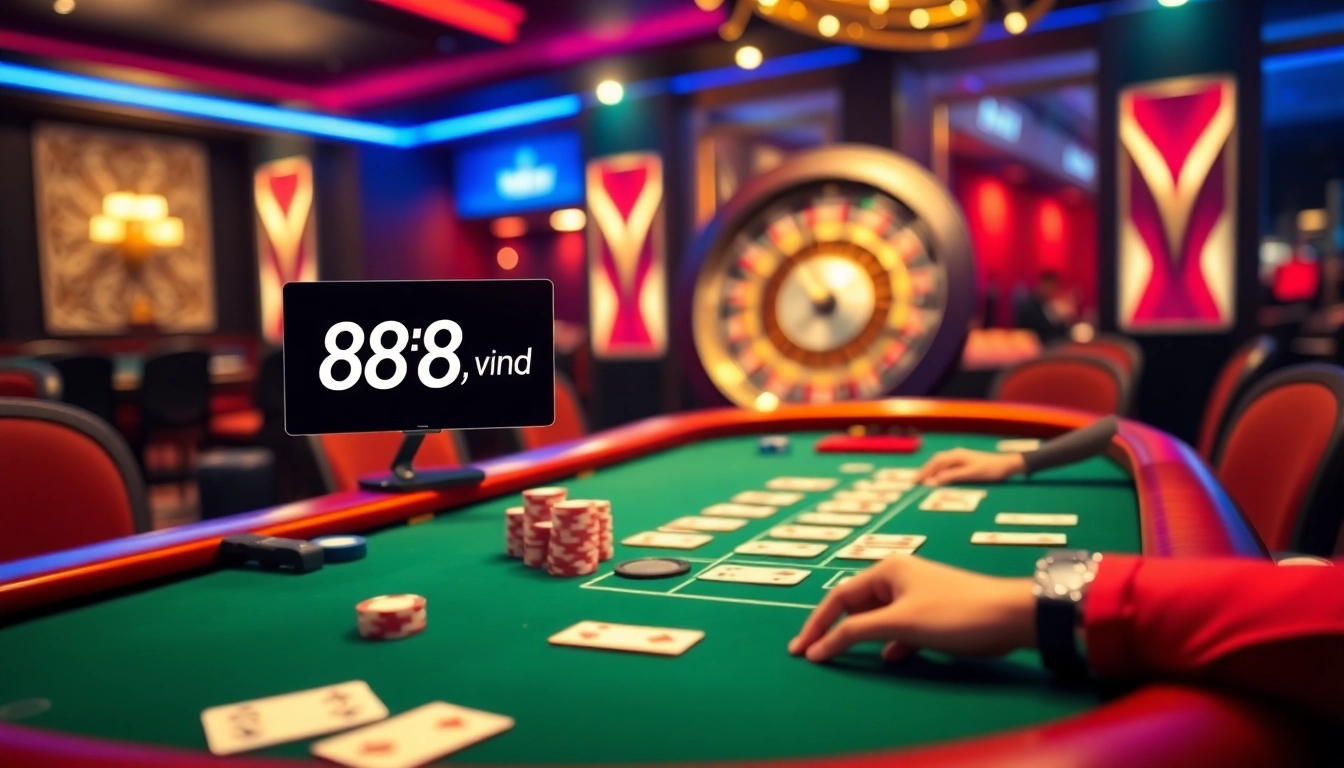 Experience excitement at a casino poker table with 888vnd bets and stylish chips.