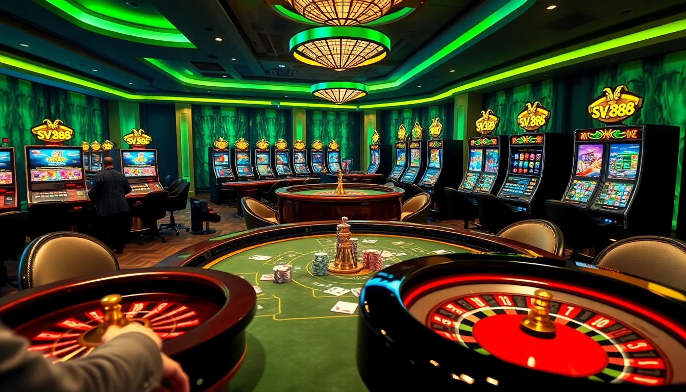 SV388 players experiencing an exhilarating game environment with casino tables and vibrant action.