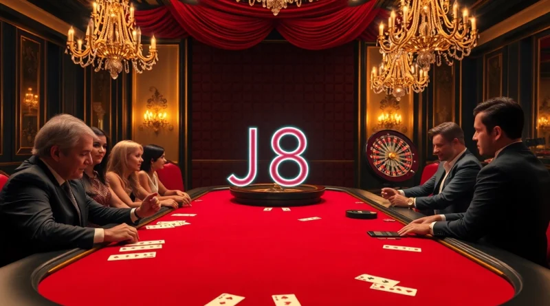 Engage in a high-stakes game at J8's luxurious casino table featuring poker chips and cards.