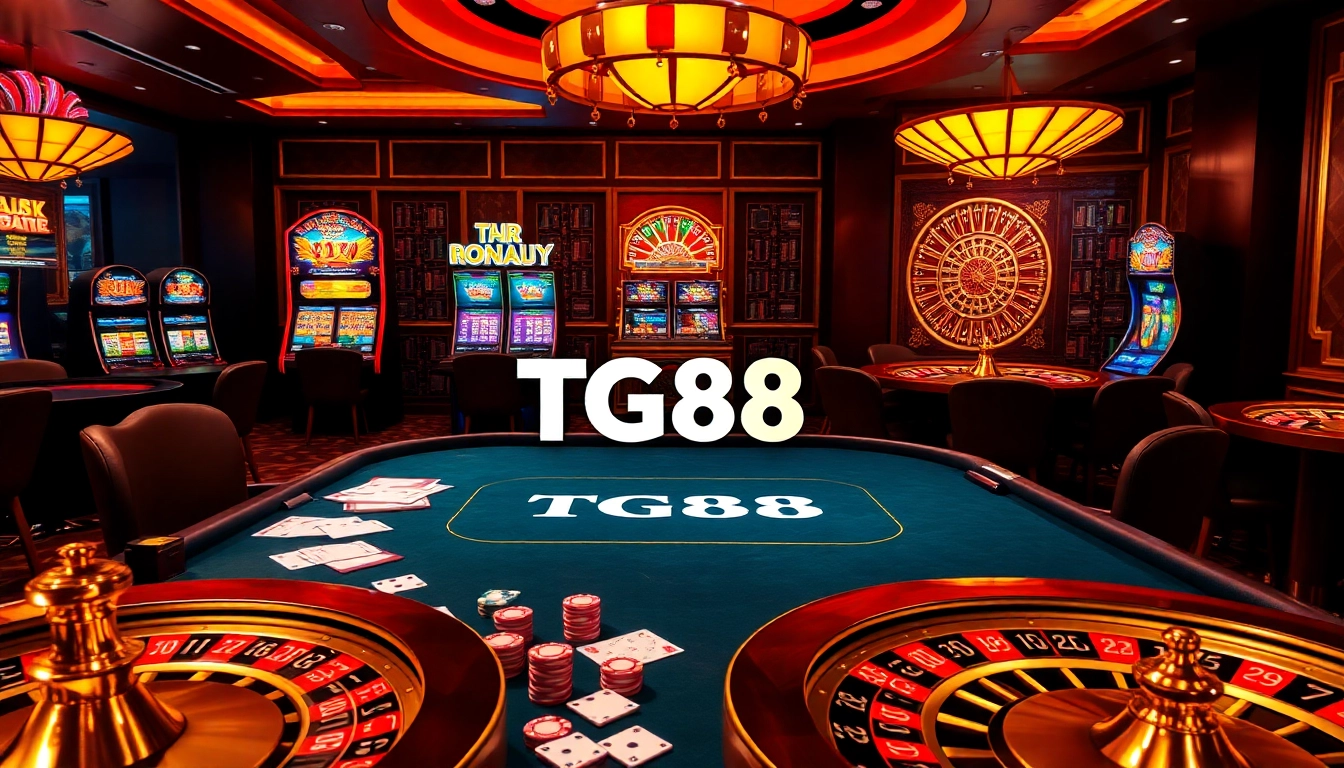 Experience the excitement of TG88 casino with players engaging at luxurious poker tables.