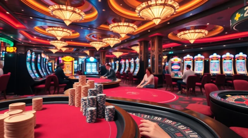 B52-themed casino gaming scene showcasing slot machines, poker tables, and vibrant chips.