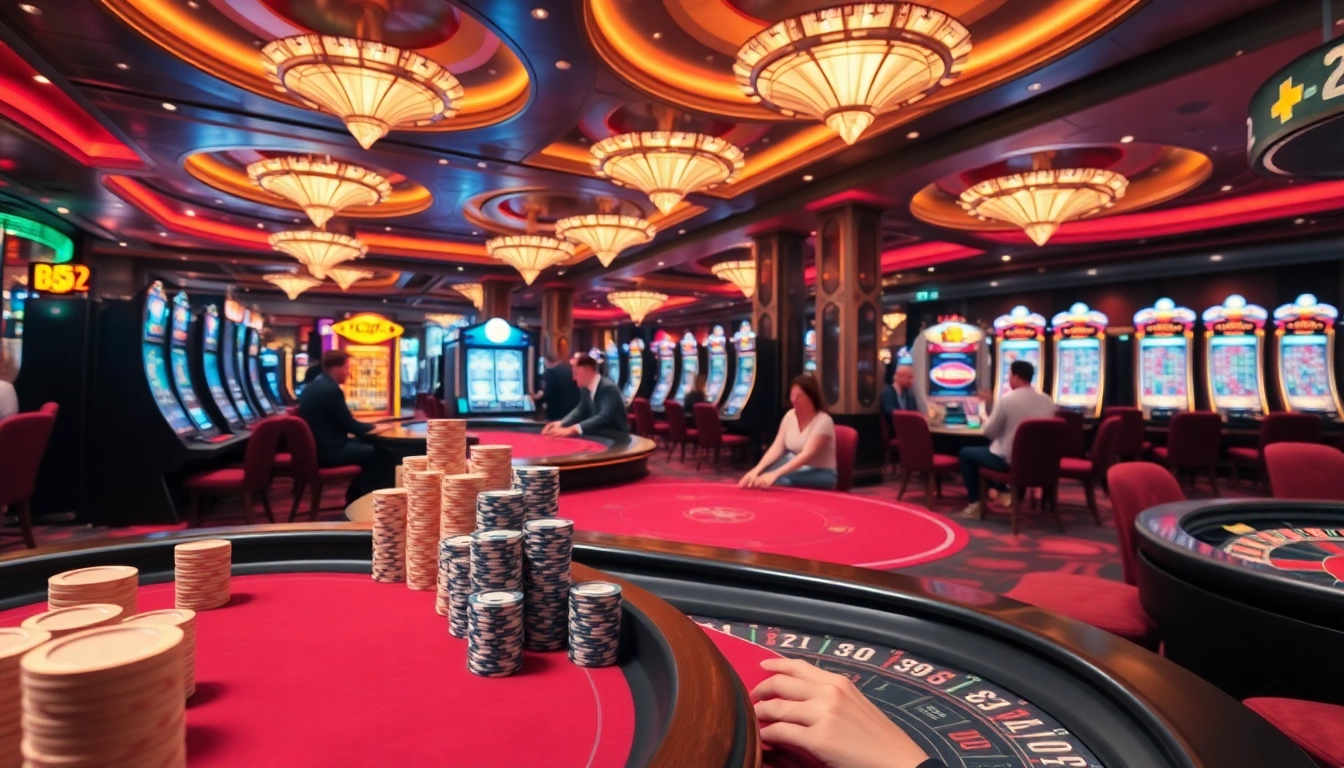 B52-themed casino gaming scene showcasing slot machines, poker tables, and vibrant chips.