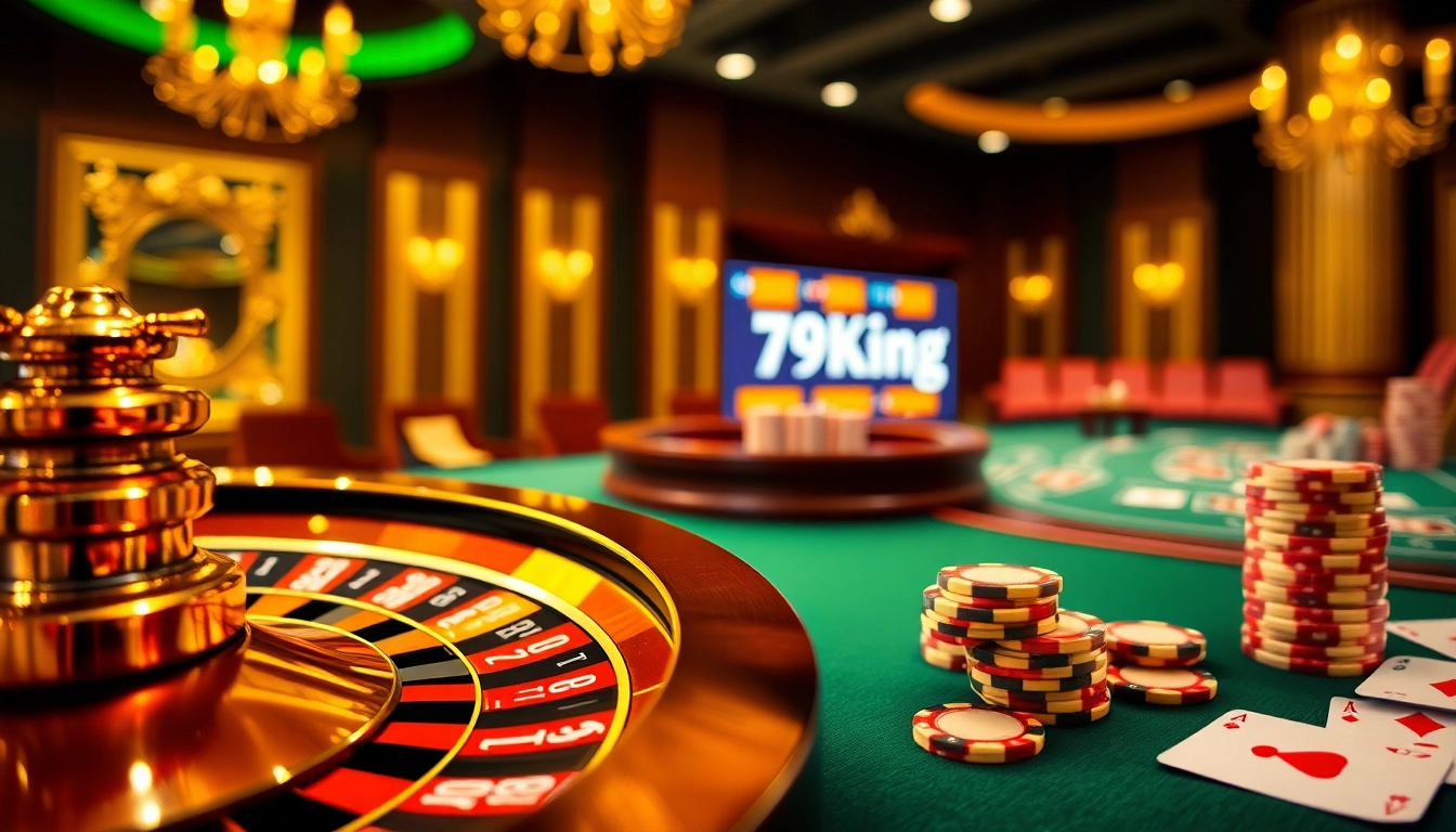 Engage in thrilling casino action at 79King with vibrant poker chips and a roulette wheel.