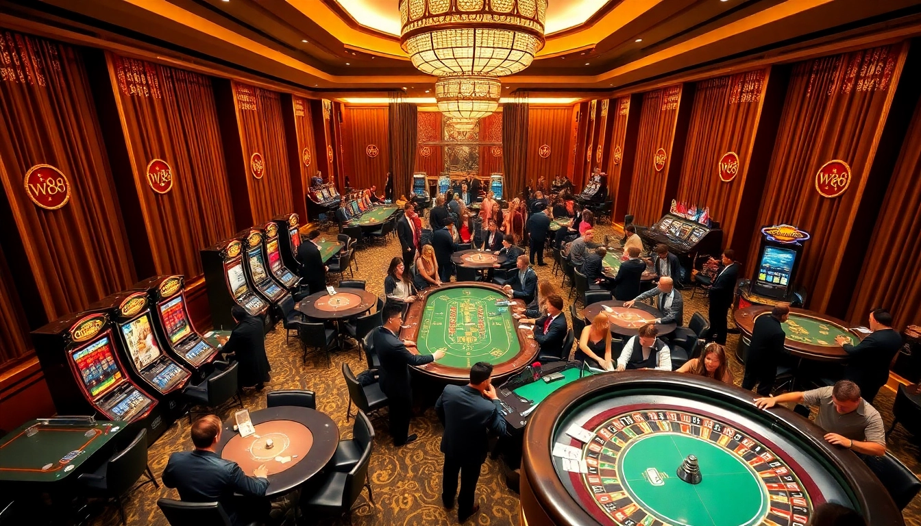Experience the excitement of ww88 with players at vibrant casino tables and slot machines.