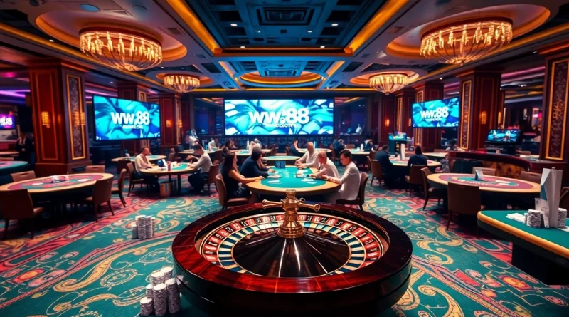Players enjoying blackjack at a luxurious casino, featuring an engaging atmosphere for ww88.com gaming enthusiasts.