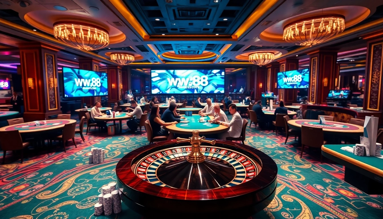 Players enjoying blackjack at a luxurious casino, featuring an engaging atmosphere for ww88.com gaming enthusiasts.