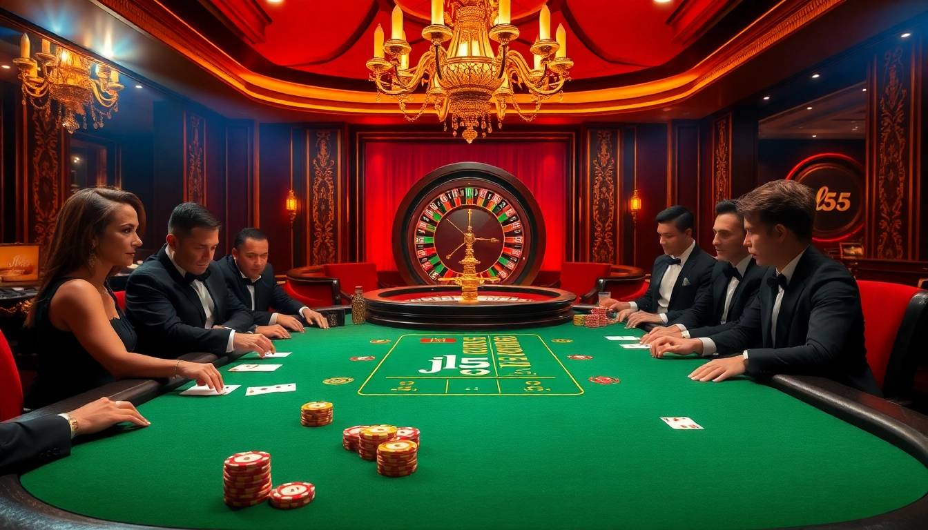Engaging scene of professional gamblers playing poker at a luxurious casino with jl55 branding.