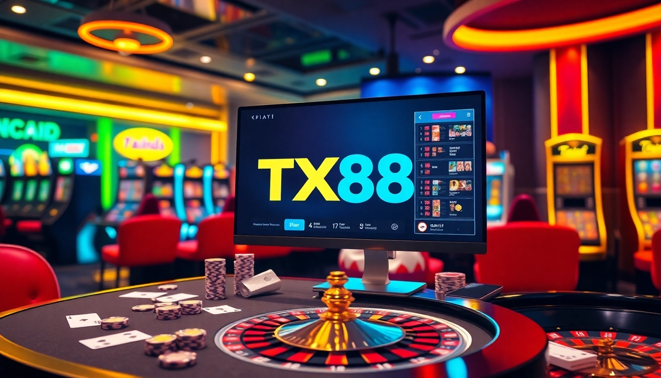 TX88 gaming table with poker chips and vibrant roulette wheel in a luxurious casino.
