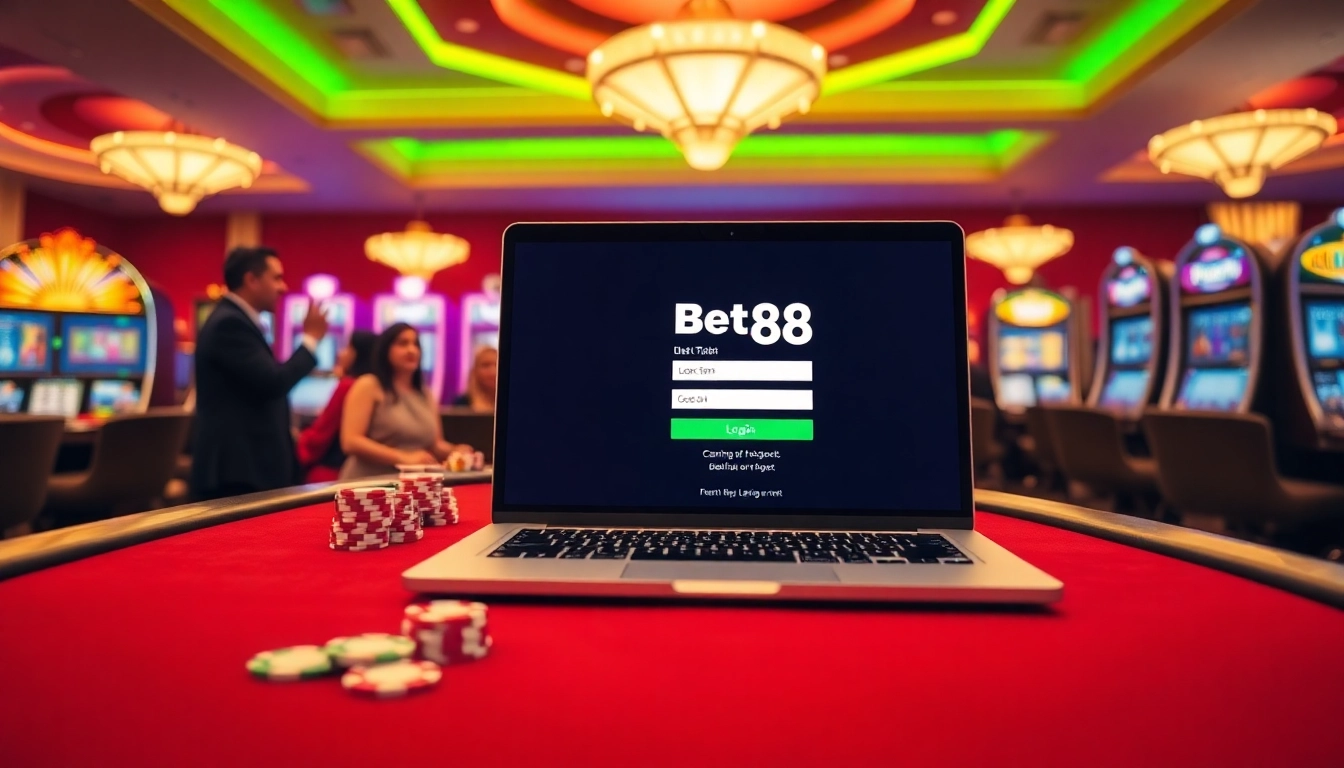 Bet88 đăng nhập scene with stylish poker table and luxurious casino atmosphere.