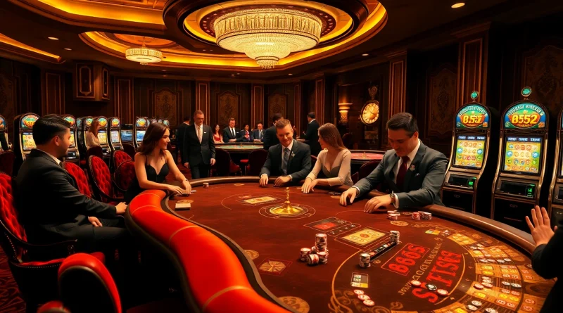The b52 poker table surrounded by players in an elegant casino setting, showcasing excitement and luxury.