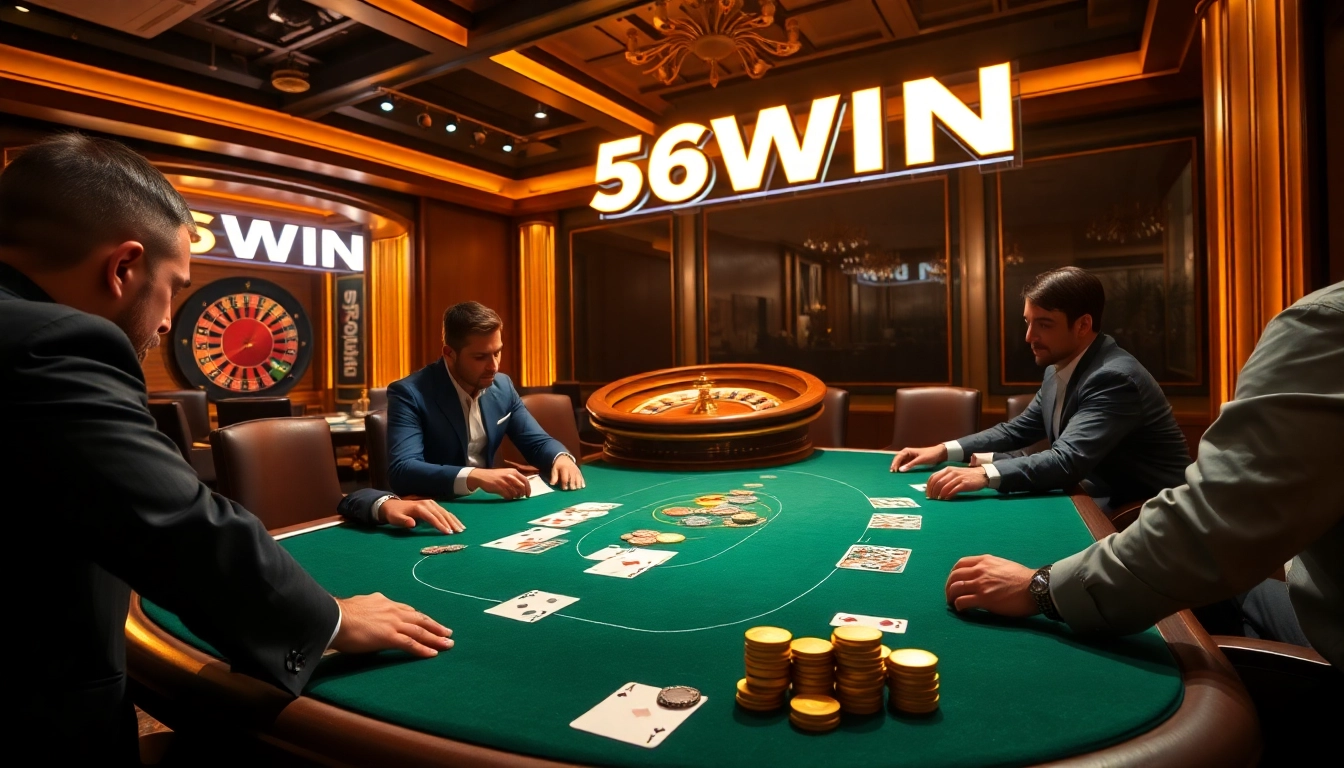 High-stakes poker scene at 56WIN casino with glamorous players, cards, and chips.