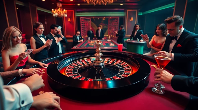 Players enjoying a thrilling game of roulette at VJ88's luxurious casino table with colorful chips.