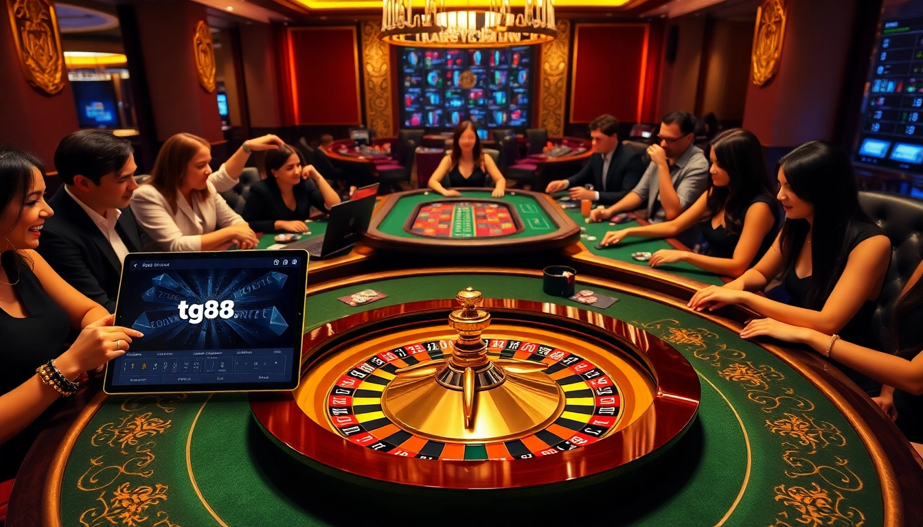 Experience excitement at tg88 casino with players gathered around a roulette table.