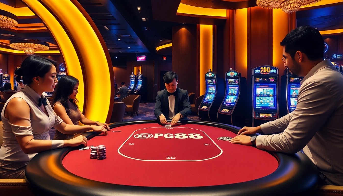 Experience dynamic gaming at PG88's luxurious table with vivid poker chips and cards.