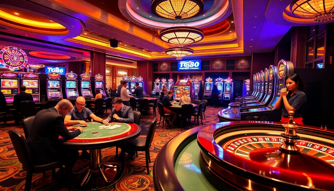 Players enjoy thrilling games in a luxurious TG88 casino environment, showcasing excitement and engagement.