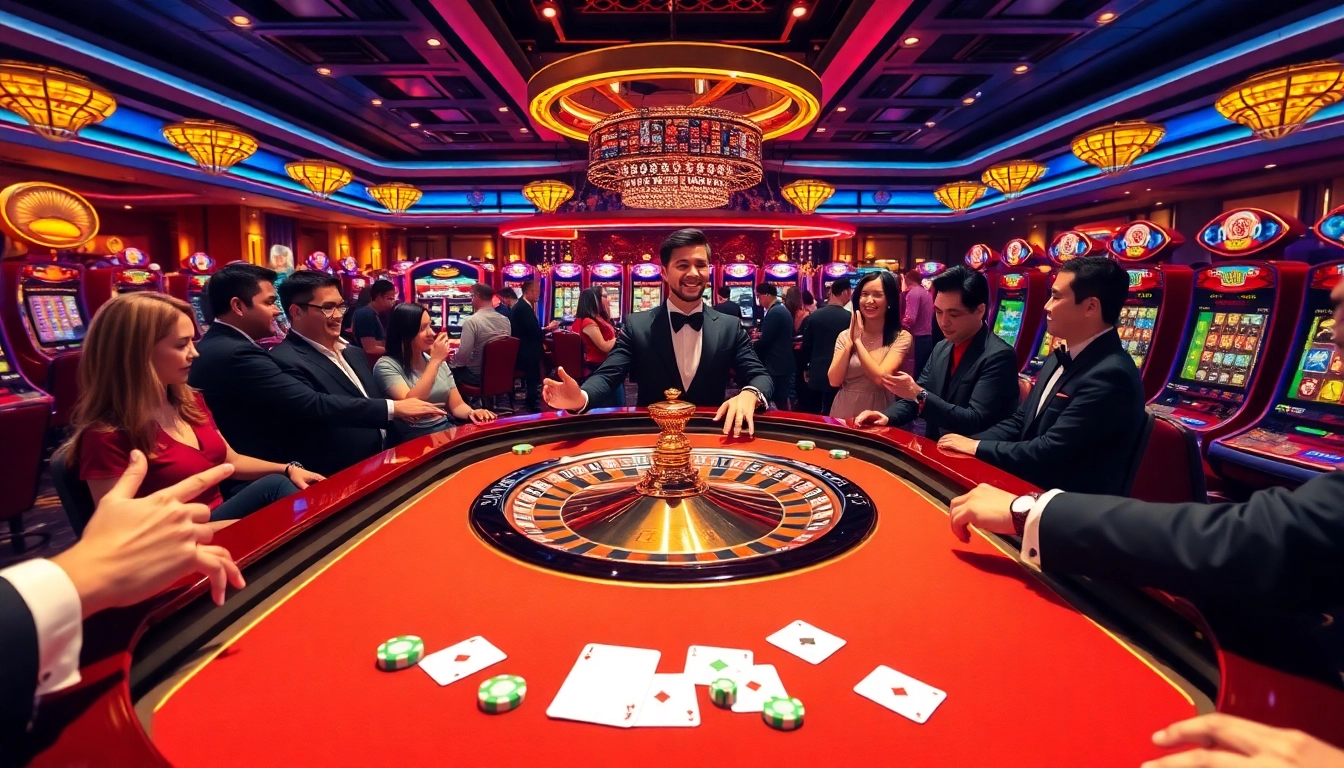 Experience the thrill of nhà cái nk88 with players at an exciting roulette table and vibrant gambling elements.