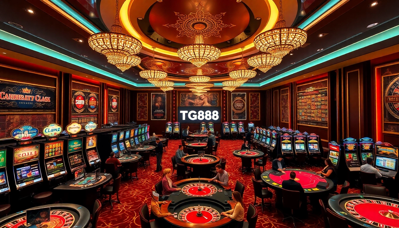 Players enjoying thrilling games at TG88 casino, surrounded by luxurious slot machines and tables.