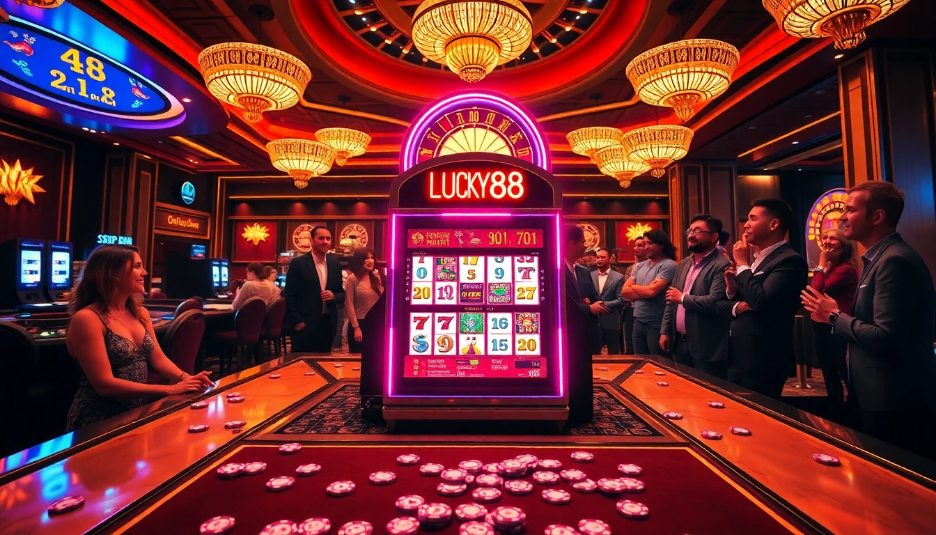 LUCKY88 slot machine attracts excited players at a vibrant casino.