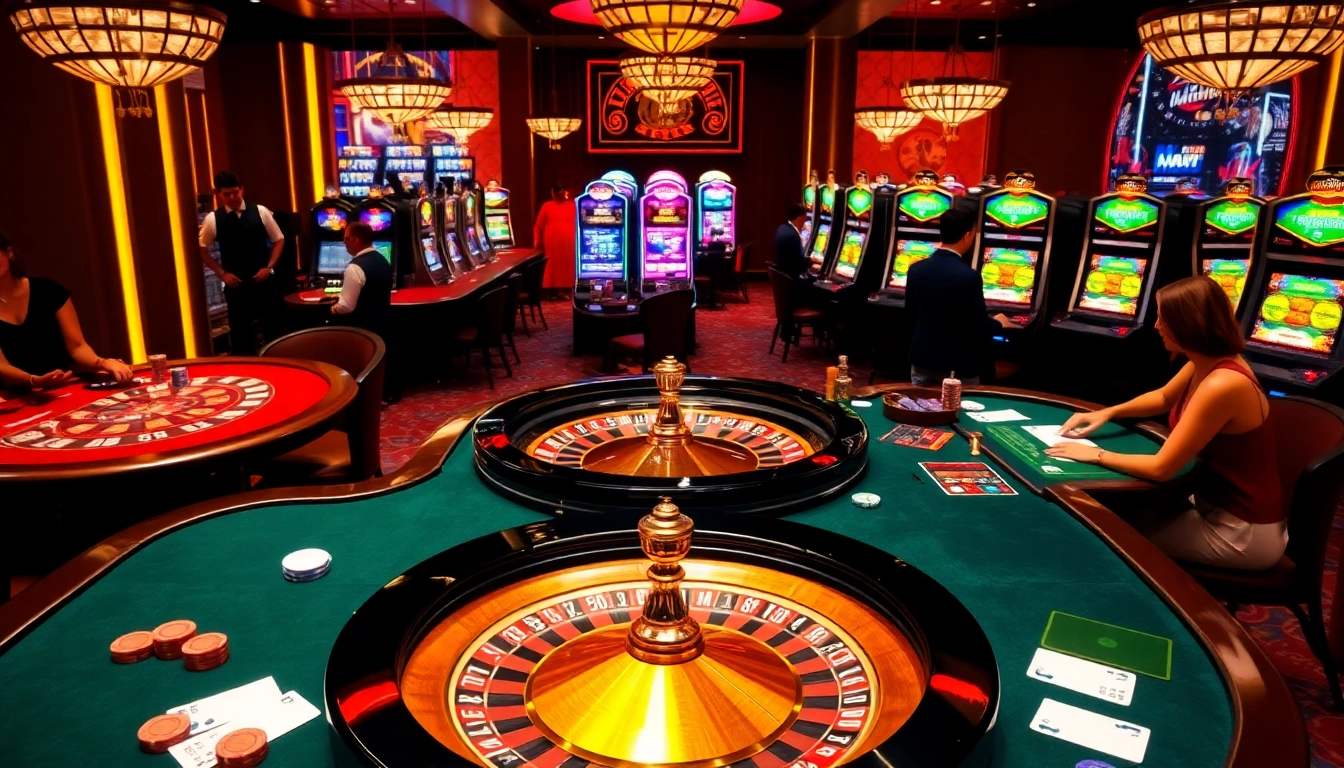 Exciting u888 casino scene showcasing roulette, cards, and vibrant slot machines.
