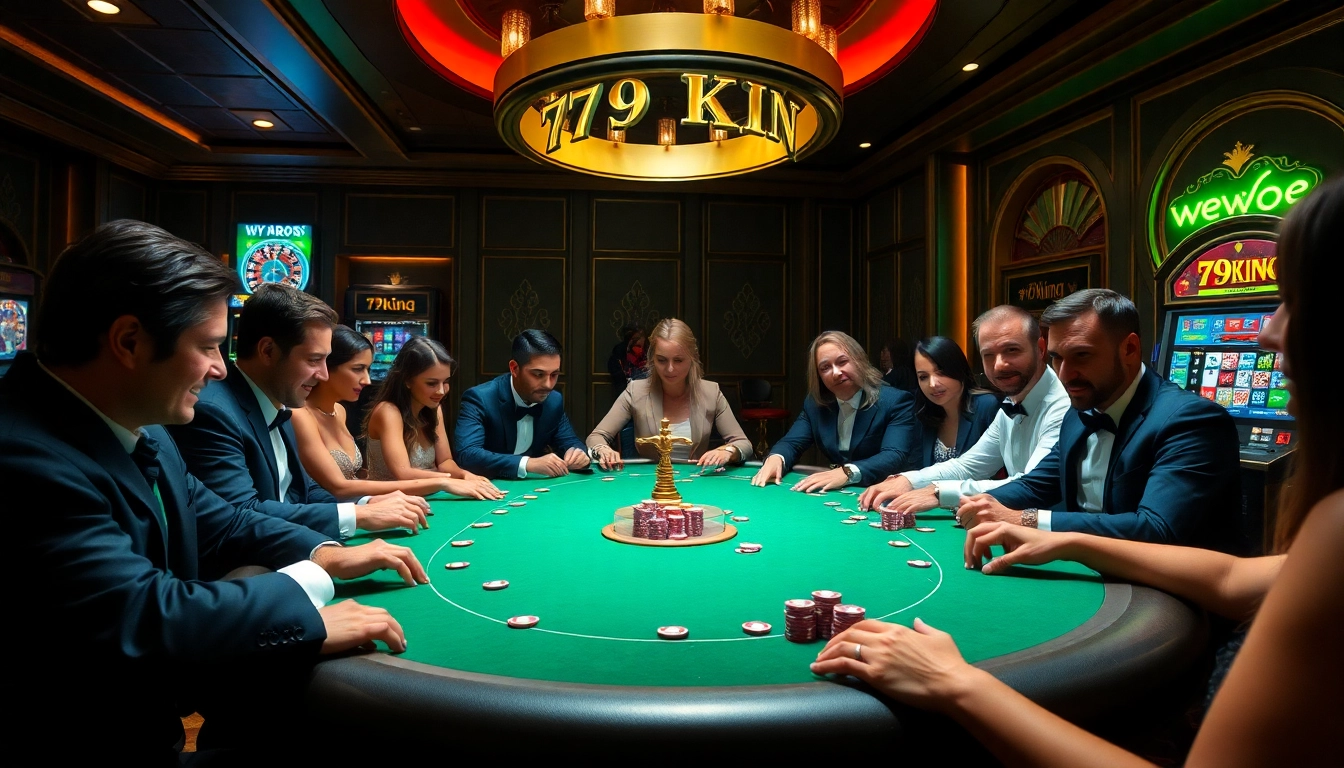 Engaged players at a 79king poker table, surrounded by vibrant casino elements.