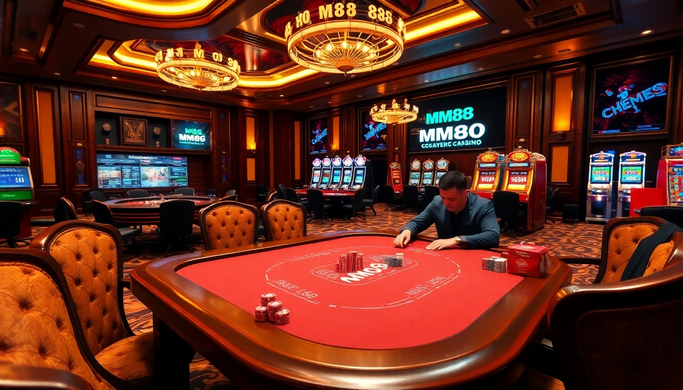 MM88 players strategizing at a luxurious poker table in an upscale casino atmosphere.