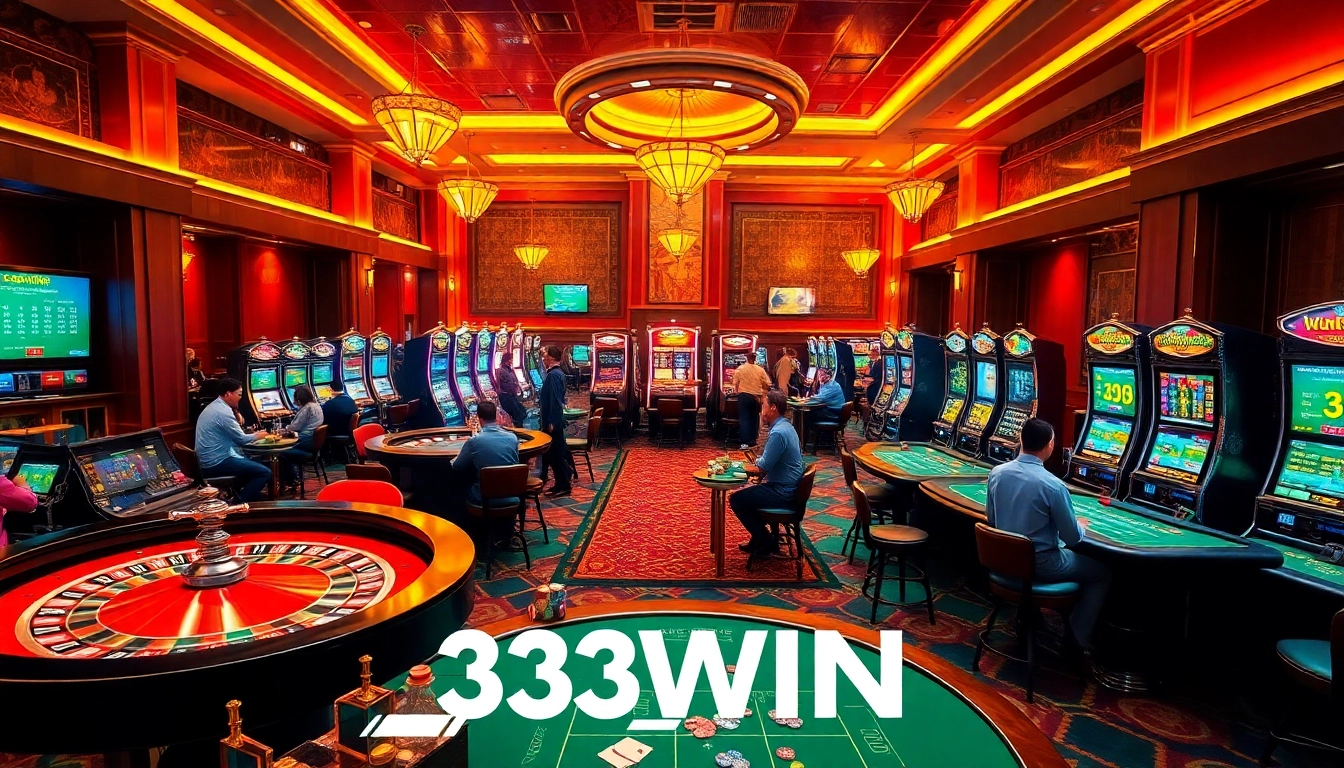 33WIN players enjoying a thrilling casino gaming experience with roulette wheels and slot machines.