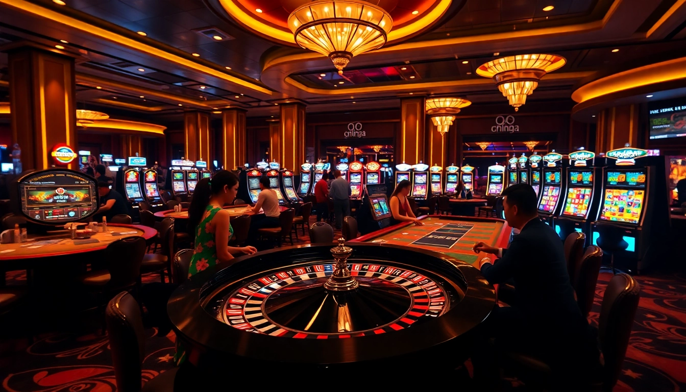 Exciting casino scene featuring vibrant gambling at open88.ninja with roulette and poker.