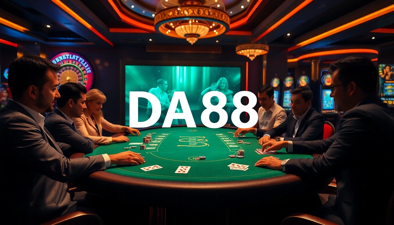 Players strategize with DA88 at a high-stakes poker table in a luxurious casino.